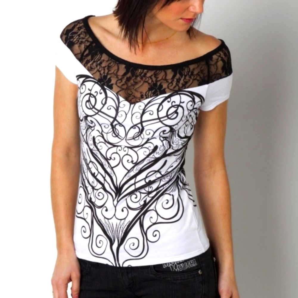 ISO Metal Mulisha Eli Top White with Black Lace Neckline